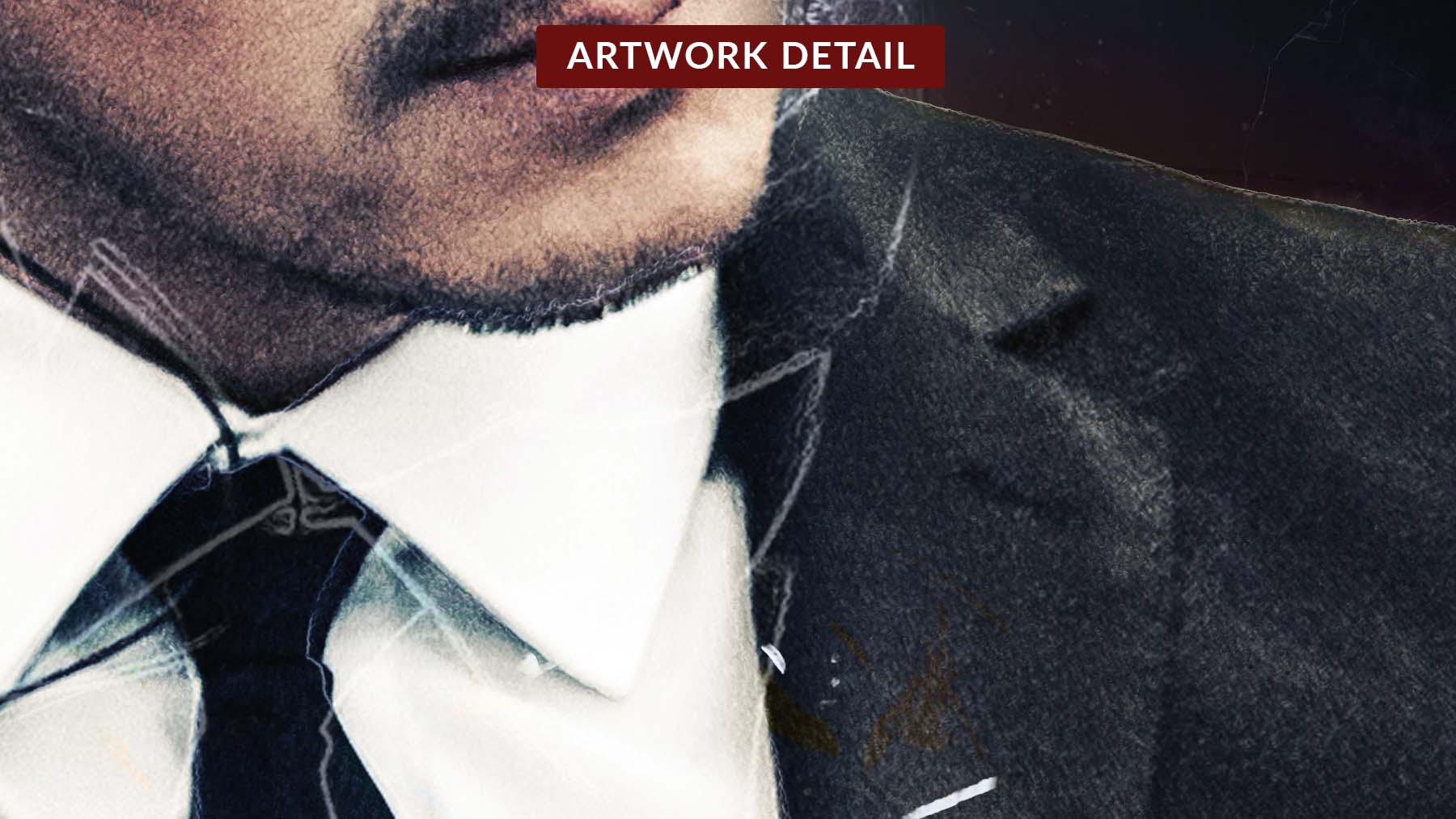 Detailed close-up of shirt collar and suit from the Agent Jim NFT collectible artwork