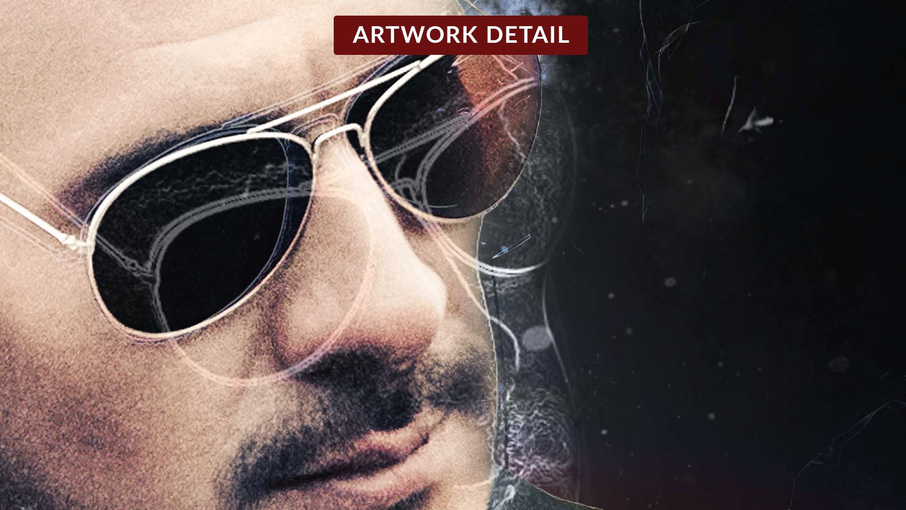 Close-up of dark glasses and facial expression from the Agent Jim NFT collectible artwork
