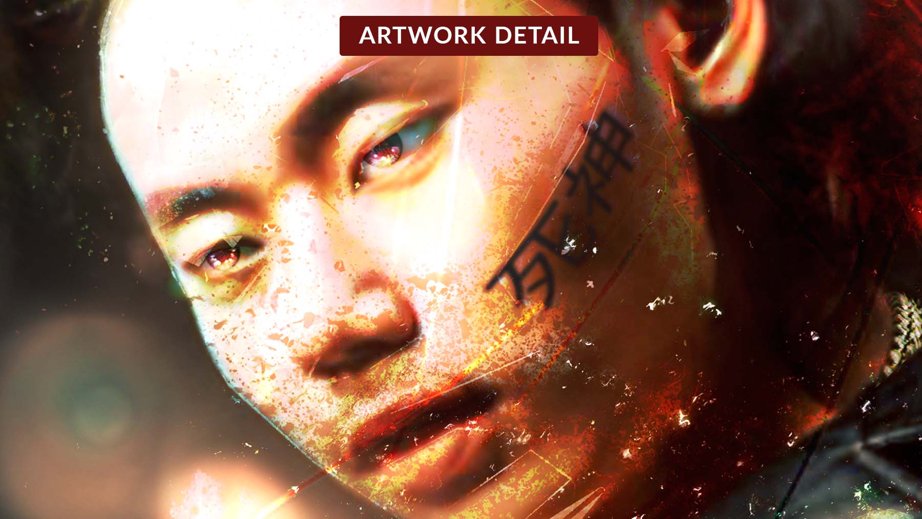 Detailed close-up of Ling's face reveals a facial tattoo and mysterious aura in his glowing eyes from the Lee 'The Lyncher' Ling NFT artwork