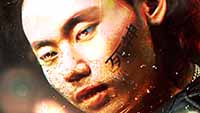 Detailed thumbnail close-up reveals a facial tattoo and mysterious aura in his glowing eyes from the Lee 'The Lyncher' Ling NFT artwork
